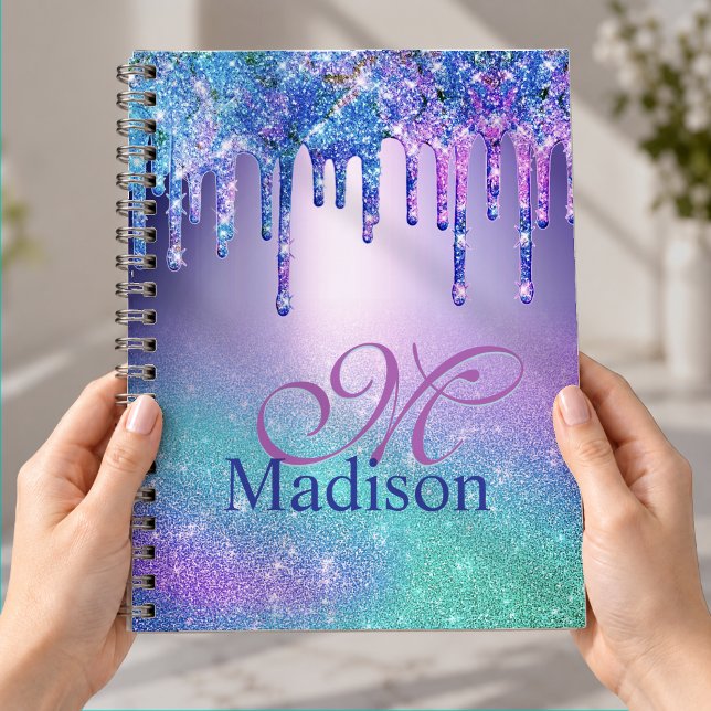 Chic blue lila ombre glitter dricks monogram anteckningsbok (Skapare uppladdad)