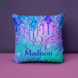 Chic blue lila ombre glitter dricks monogram kudde
