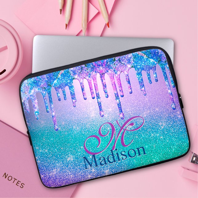 Chic blue lila ombre glitter dricks monogram laptop fodral (Skapare uppladdad)