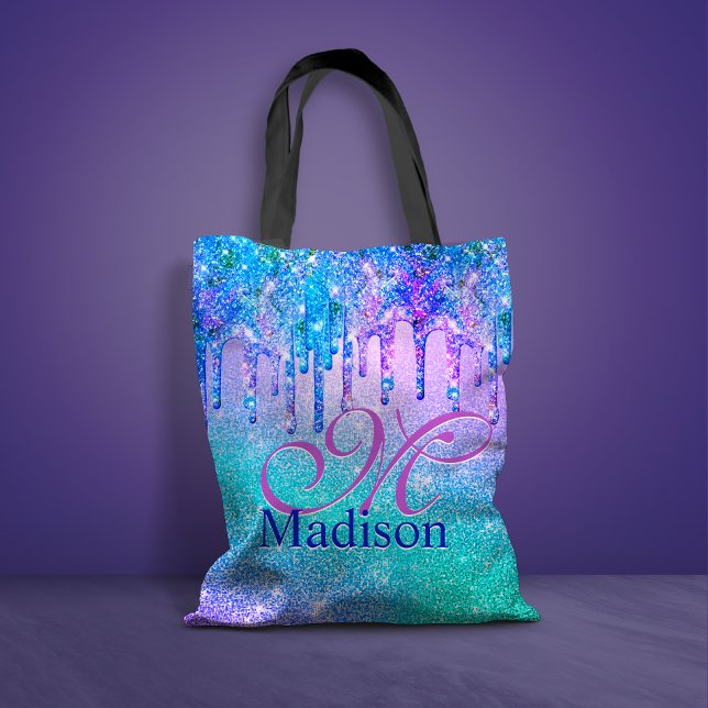 Chic blue lila ombre glitter dricks monogram tygkasse (Skapare uppladdad)