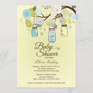Chic Blue Mason burk blommigt babydusch Inbjudningar