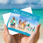 Chic Blue Mele Kalikimaka 3 Family Photo jul Helg Vykort<br><div class="desc">Chic Blue anpassade strand-familjens fotokollage Julvykort med dina favorittropiska foton i sol. Lägg till 3 av dina favoritbilder på lodrät från din ö-semester till kusten. Vackra helgdag för kustnära vågrät med ett rent,  modernt fotografformat och ett vitt skript för söt.</div>