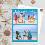 Chic Blue Mele Kalikimaka Photo Collage jul Vykort<br><div class="desc">Chic Blue anpassade strand-familjens fotokollage Julvykort med dina favorittropiska foton i sol. Lägg till 3 av dina favoritminnen från din ö-semester till kusten. Vackra vykort för kustnära helgdag med en ren,  modern fotograflayout och ett söt blått skript.</div>