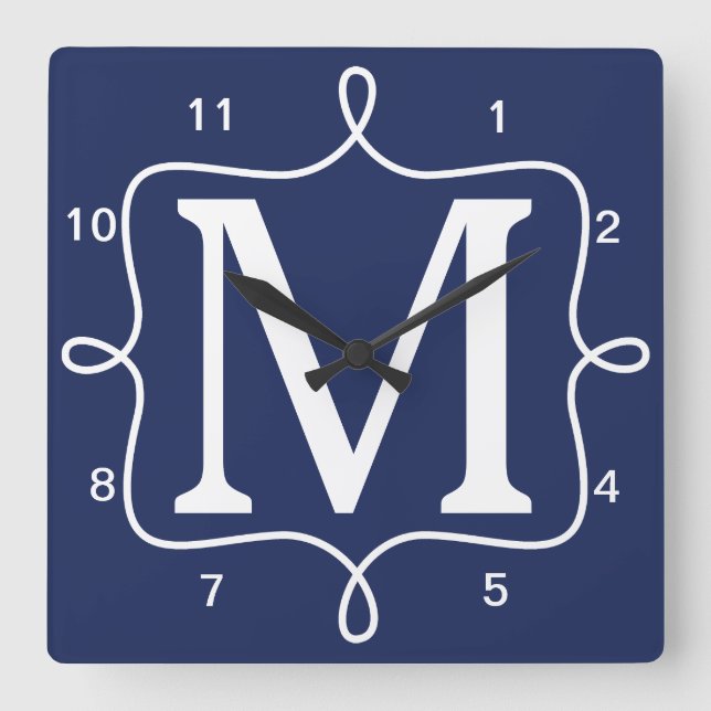 Chic Blue Monogram Fyrkantig Klocka (Framsida)