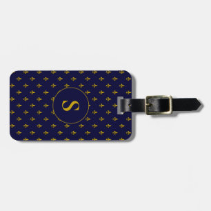 Chic Blue och Guld Fleur de Lis Mönster Monogram Bagagebricka