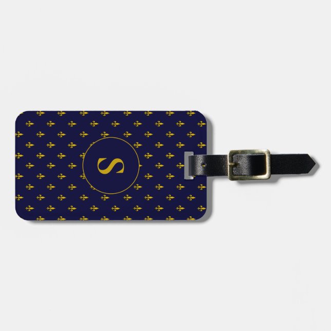 Chic Blue och Guld Fleur de Lis Mönster Monogram Bagagebricka (Horisontell Framsida)