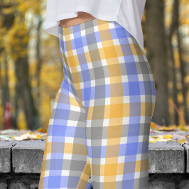 Chic Blue och Tan Check Mönster Leggings