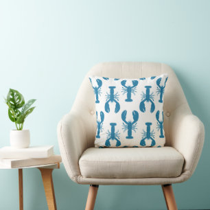 Chic Blue och White Coastal Lobster Patterned Kudde