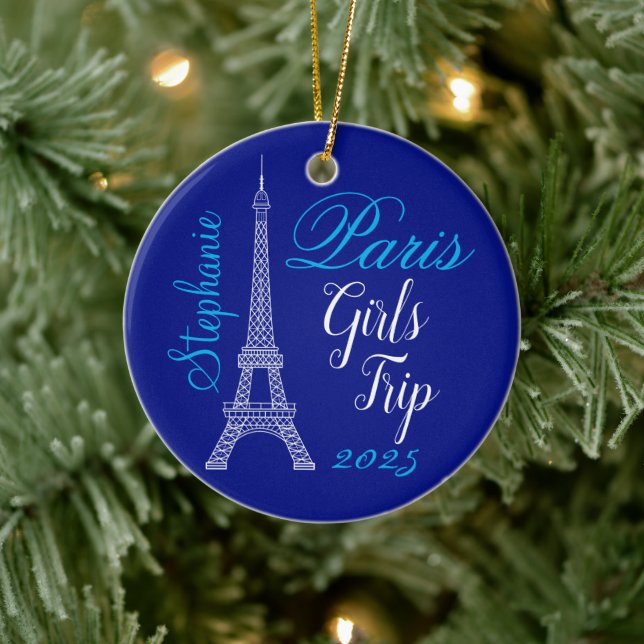 Chic Blue Paris Eiffel Tower Girls Trip Julgransprydnad Keramik (Träd)
