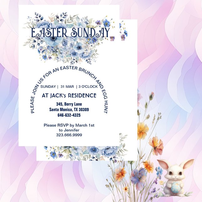 Chic Blue Pastel Blommigt Blooms Påsk Söndag Party Inbjudningar (Chic Blue Pastel Floral Blooms Easter Sunday Party Invitation)