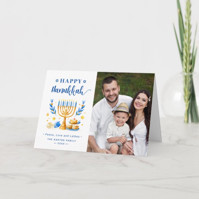 Chic Blue Peace Kärlek Latkes Lycklig Hanukkah Pho Helgkort (Framsida)