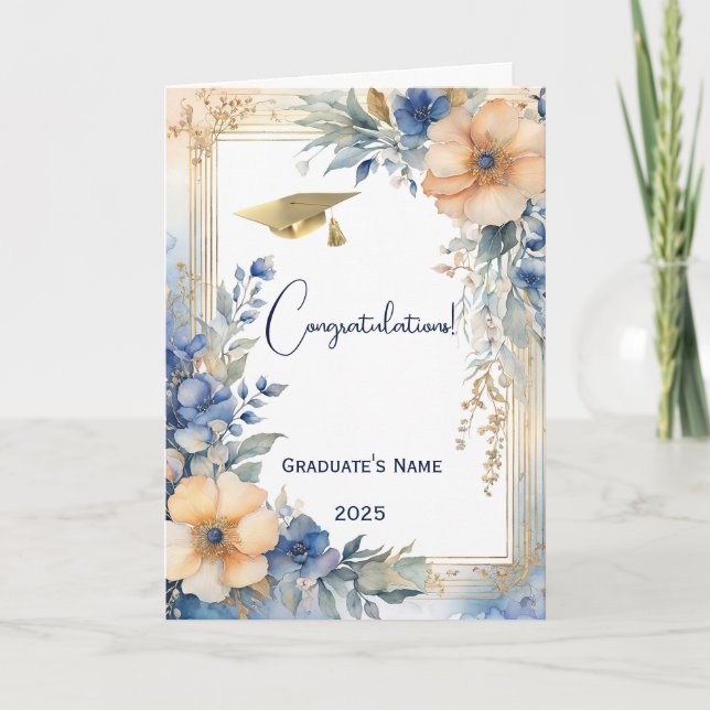 Chic Blue Peach Blommigt Personlig Studenten Kort (Framsida)