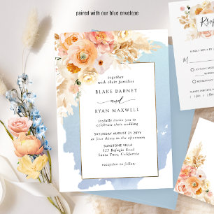 Chic Blue, Peach, och Cream Blommigt Bröllop Inbjudningar