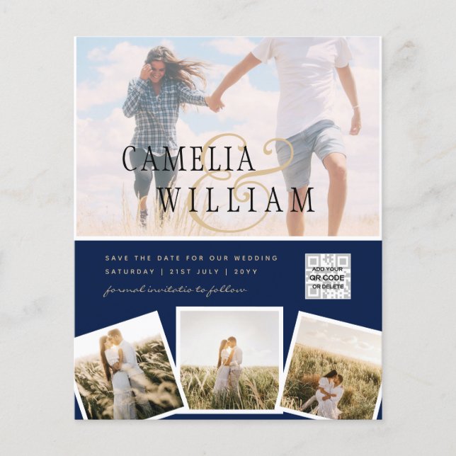 Chic Blue Photo Wedding Investigation QR Code Spar Flygblad (Framsidan)