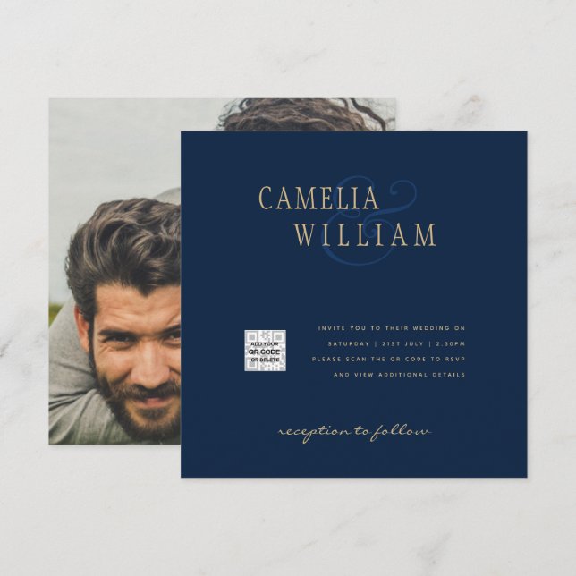 Chic Blue Photo Wedding Investigation QR Code Spar Inbjudningar (Fram/baksida)