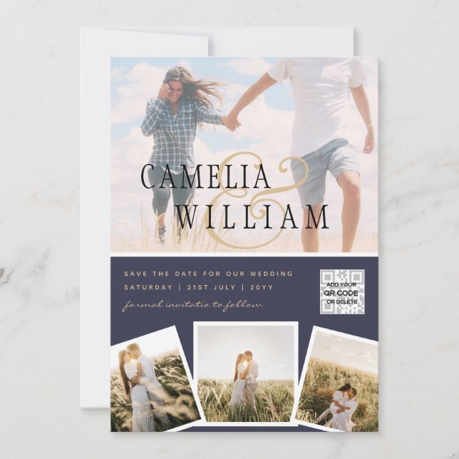 Chic Blue Photo Wedding Investigation QR Code Spar Inbjudningar (Framsida)