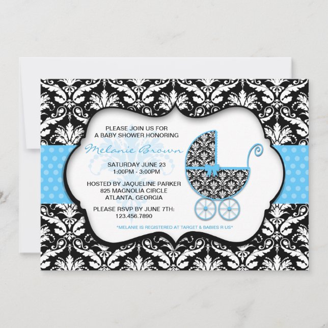 Chic Blue Polka Damask Baby Shower Inbjudan (Framsida)