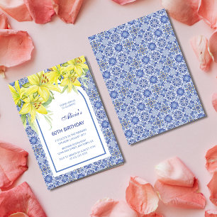 Chic Blue Portugisiska Azulejo Gult Lily Birthday Inbjudningar