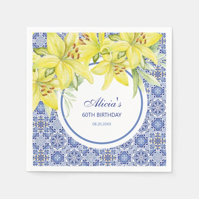 Chic Blue Portugisiska Azulejo Gult Lily Birthday Pappersservett (Framsidan)