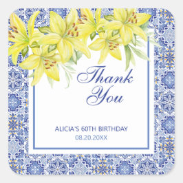 Chic Blue Portugisiska Azulejo Gult Lily Tack Fyrkantigt Klistermärke