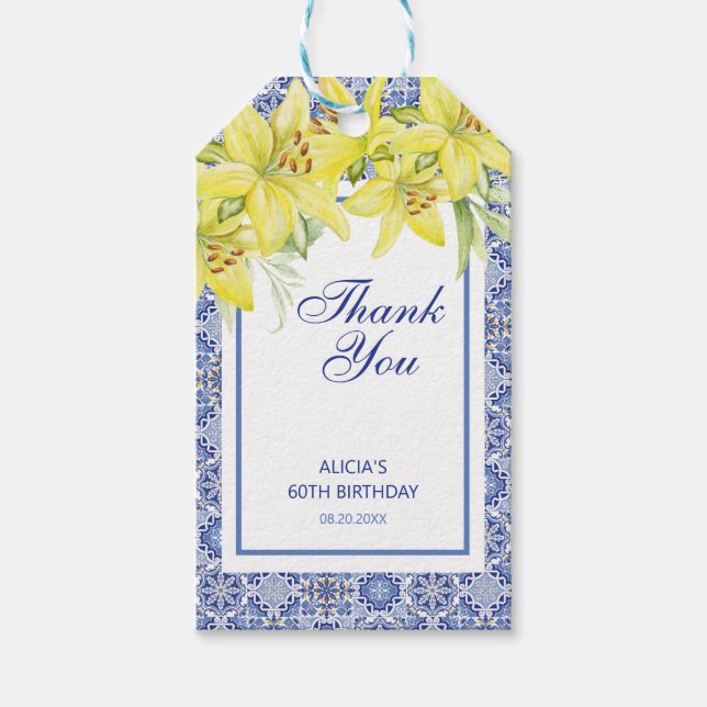 Chic Blue Portugisiska Azulejo Gult Lily Tack Presentetikett (Framsidan)