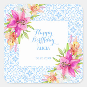 Chic Blue Portuguesa Azulejo Mosaic Lily Birthday Fyrkantigt Klistermärke
