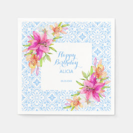 Chic Blue Portuguesa Azulejo Mosaic Lily Birthday Pappersservett