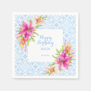 Chic Blue Portuguesa Azulejo Mosaic Lily Birthday Pappersservett