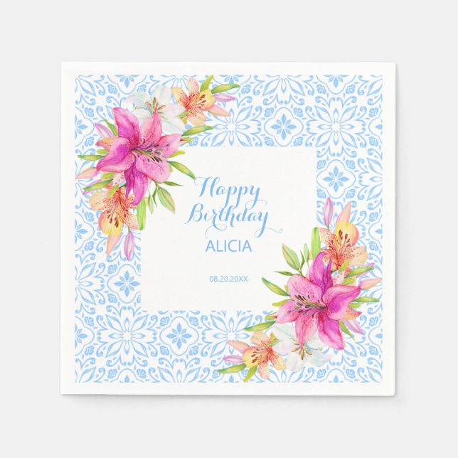 Chic Blue Portuguesa Azulejo Mosaic Lily Birthday Pappersservett (Framsidan)