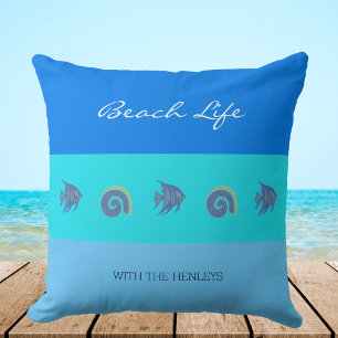 Chic Blue Rand Snäckas Fish Family Beach House Kudde