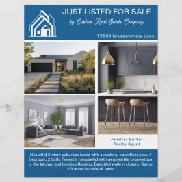 Chic Blue Real Estate Home Listing 2 Sided Reklamblad