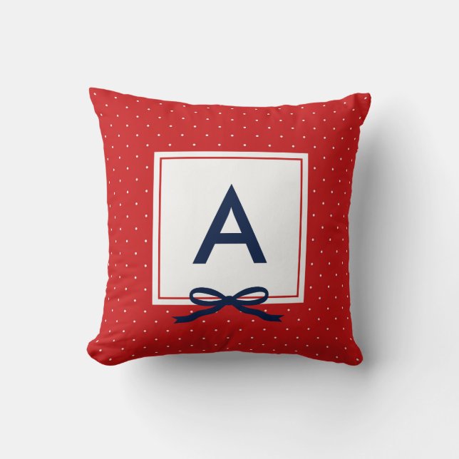 Chic Blue Ribbon Red Polka Dot Mönster Monogram Kudde (Framsida)