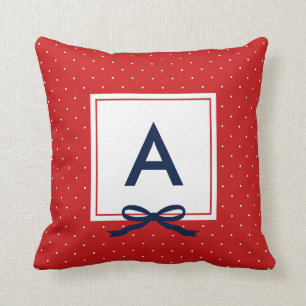 Chic Blue Ribbon Red Polka Dot Mönster Monogram Kudde
