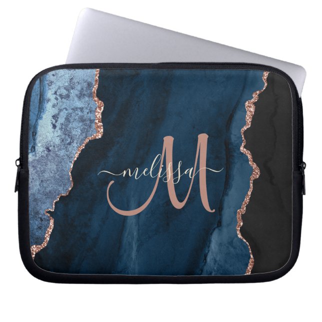 Chic Blue Ro Glitter Guld Agate Anpassningsbar Mon Laptop Fodral (Framsidan)
