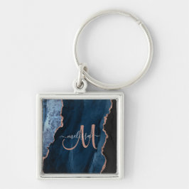 Chic Blue Ro Guld Agate Script Monogram Anpassning Fyrkantig Silverfärgad Nyckelring