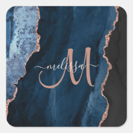 Chic Blue Ro Guld Agate Script Monogram Anpassning Fyrkantigt Klistermärke