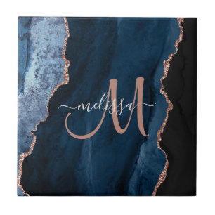 Chic Blue Ro Guld Agate Script Monogram Anpassning Kakelplatta