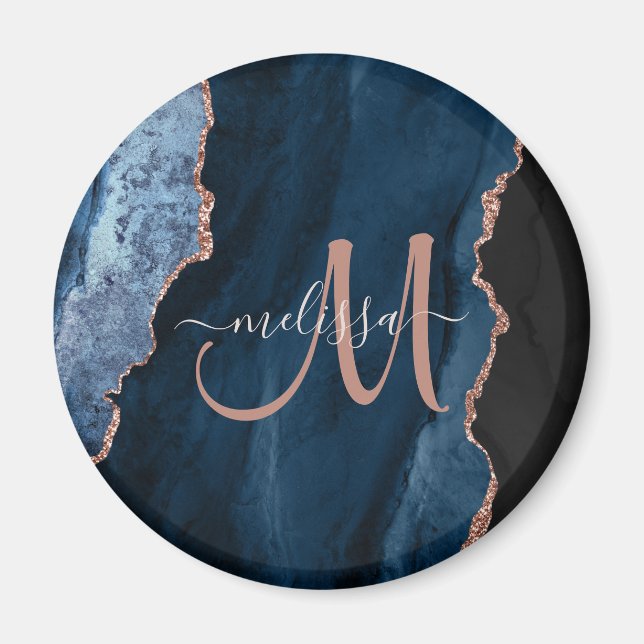 Chic Blue Ro Guld Agate Script Monogram Anpassning Magnet (Framsidan)