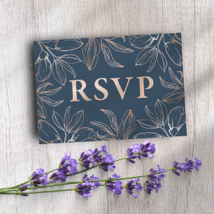 Chic Blue & Ro Guld Foliage OSA QR-kod Bröllop Kort