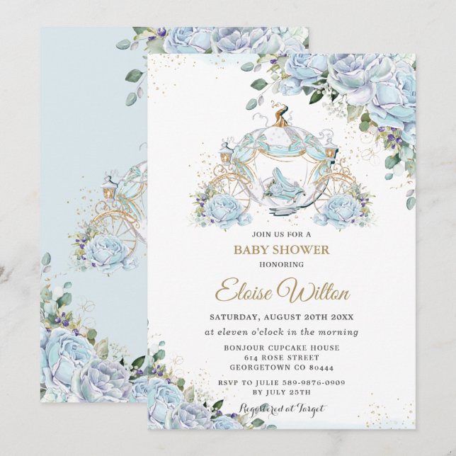 Chic Blue Ro Princess Carriage Baby Shower Inbjudningar (Fram/baksida)