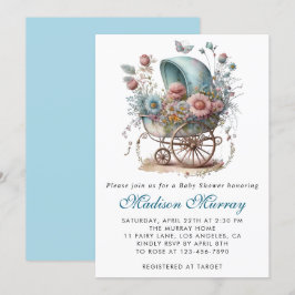 Chic Blue & Rosa Blommigt Buggy Barnvagn Baby Show Inbjudningar