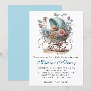 Chic Blue & Rosa Blommigt Buggy Barnvagn Baby Show Inbjudningar
