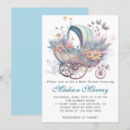 Chic Blue & Rosa Blommigt Buggy Barnvagn Baby Show Inbjudningar