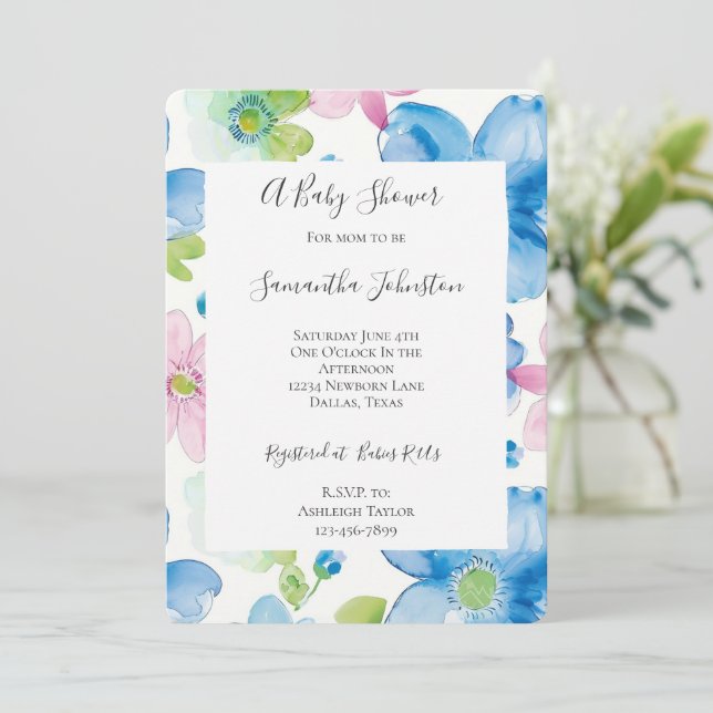 Chic Blue Rosa Flowers Baby Shower Inbjudningar (Stående Fram)