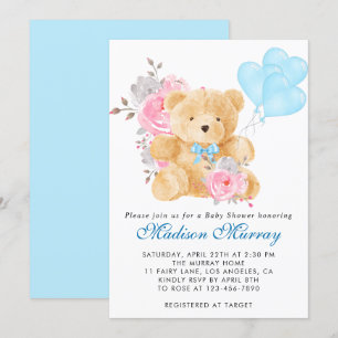 Chic Blue Rosa Grått Blommigt  Nalle Baby Shower Inbjudningar