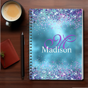 Chic Blue rosa iridescent glitter monogram Anteckningsbok