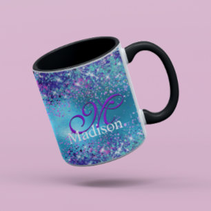 Chic Blue rosa iridescent glitter monogram Mugg
