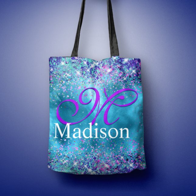 Chic Blue rosa iridescent glitter monogram Tygkasse (Skapare uppladdad)