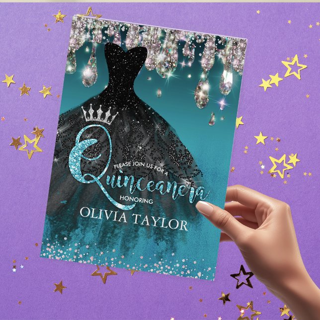 Chic Blue silver glitter droppar Quinceanera Inbjudningar (Skapare uppladdad)