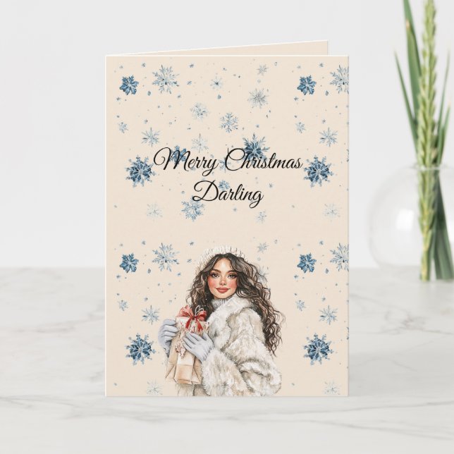Chic Blue Snowflakes Brown Hair Female Kort (Framsida)